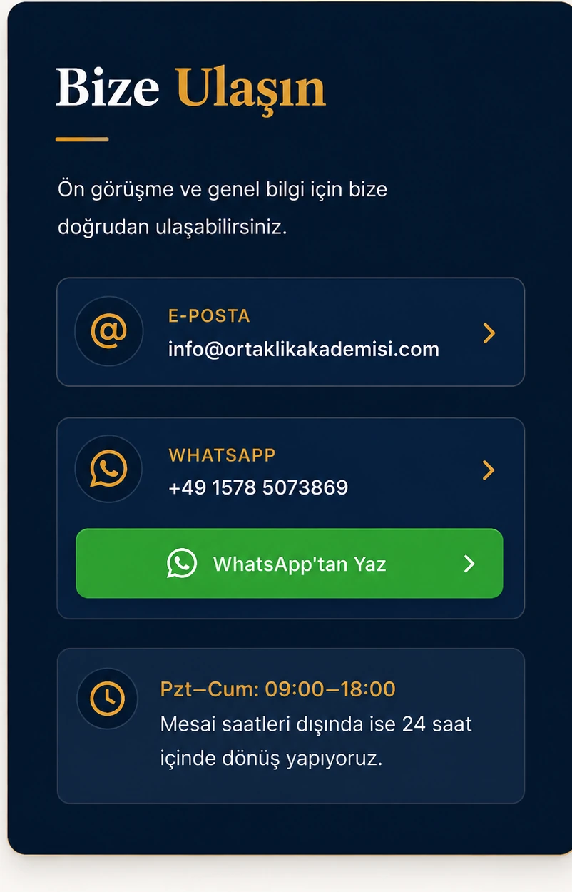 Ortaklık Akademisi Bize Ulaşın iletişim kartı